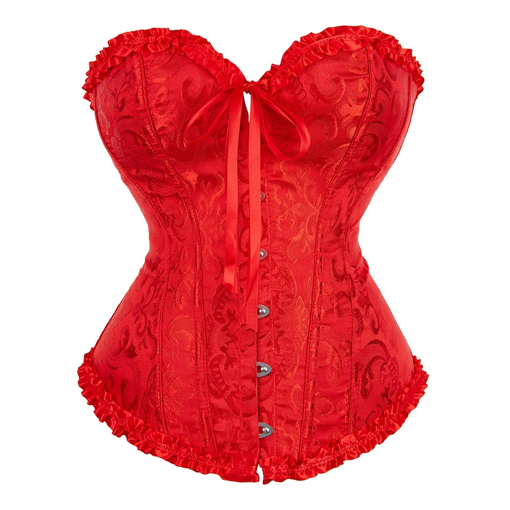 Floral Jacquard Overbust Corset with Sweetheart Neckline and Busk Closure