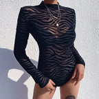 Sheer Zebra Pattern Mesh Long Sleeve Mock Neck Alternative Bodysuit