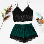 Romantic Sheer Black Lace Bralette and Contrasting Satin Shorts Sleep Set