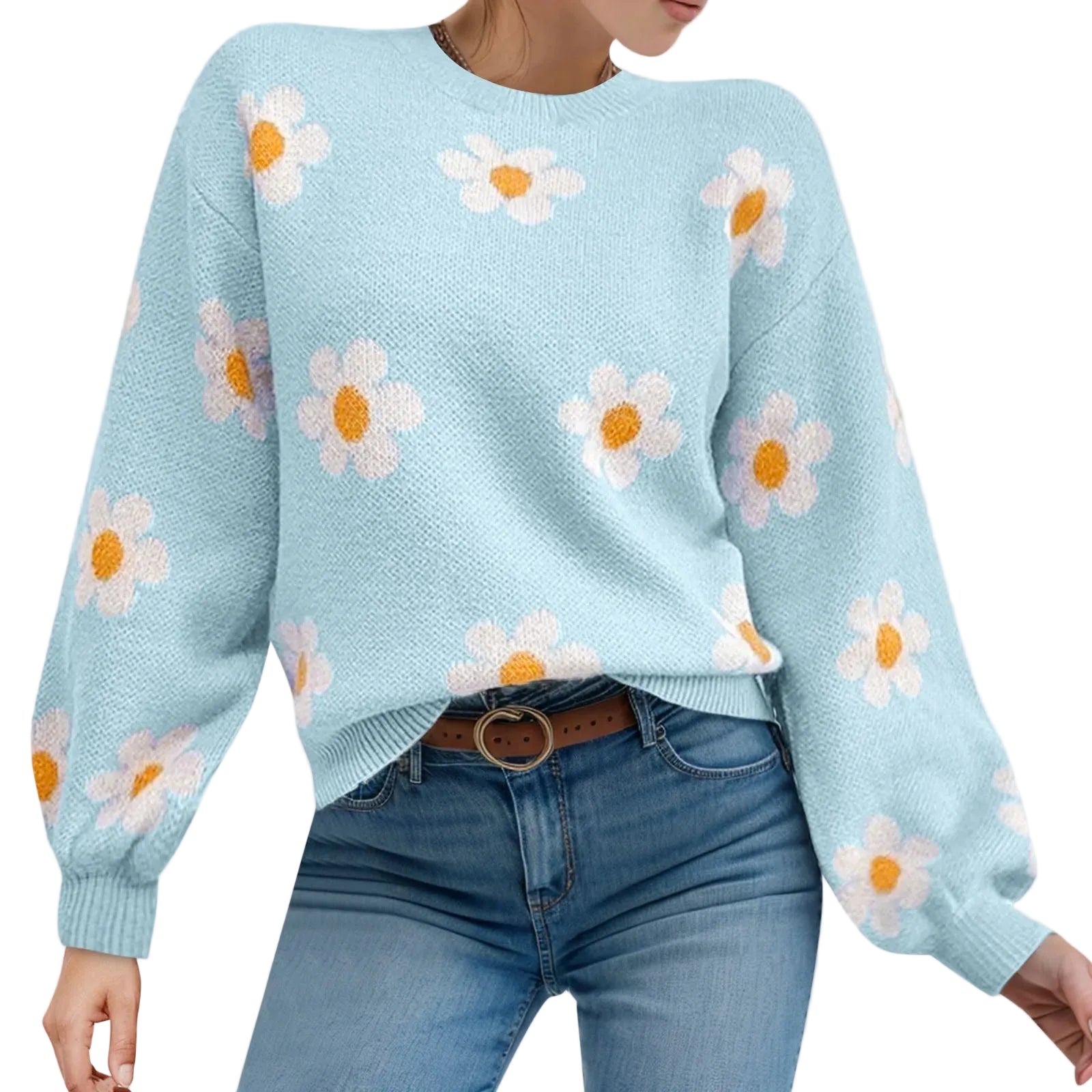 Floral Pattern Knit Pullover Sweater with Ribbed Trim and Relaxed Fit
