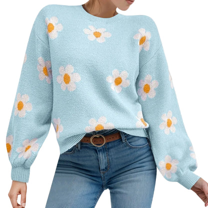 Floral Pattern Knit Pullover Sweater with Ribbed Trim and Relaxed Fit