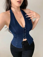 Halter Corset Vest Top with Button Front and Tailored Waist Silhouette
