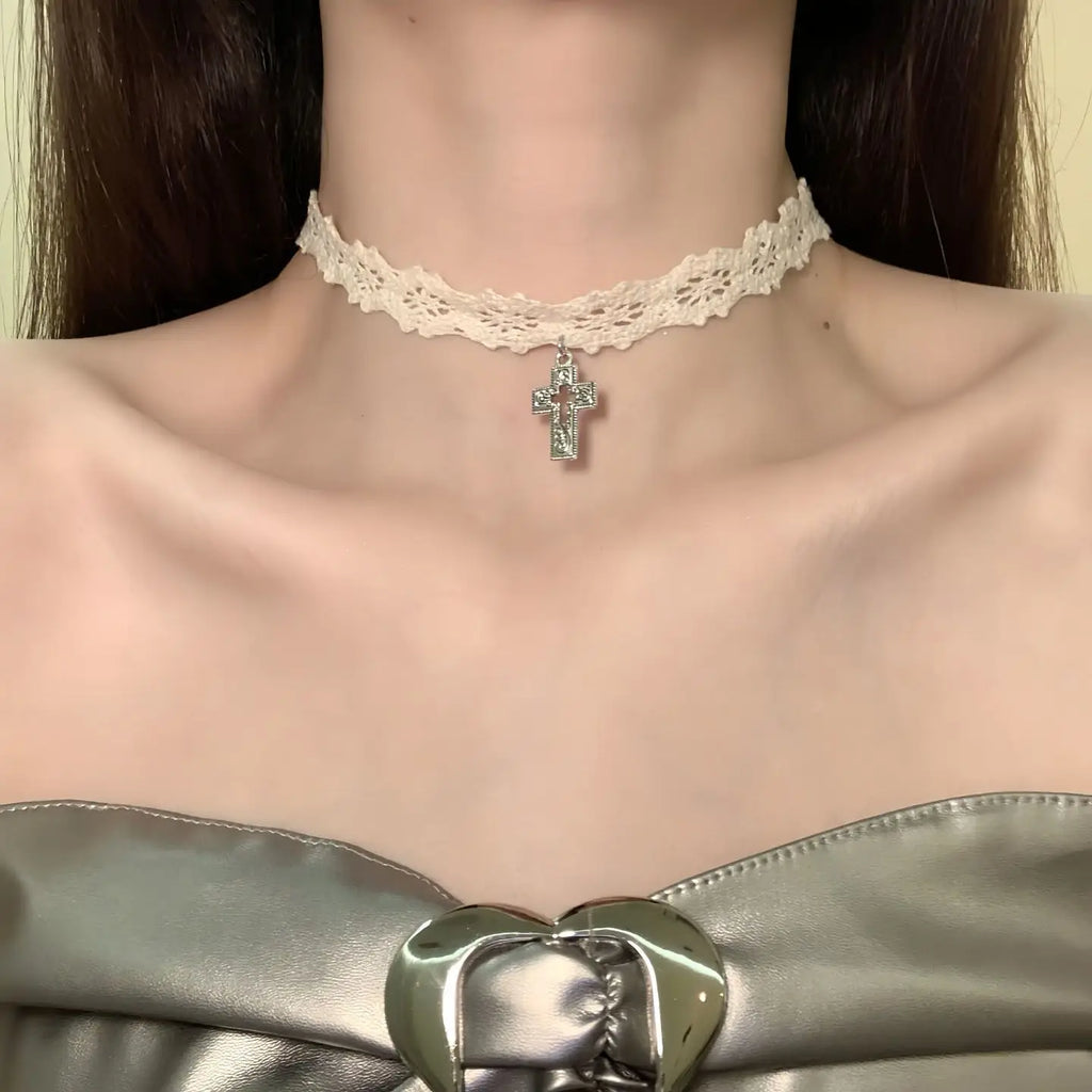 Layered Lace Choker Necklace Set with Key Pendant Gothic Aesthetic