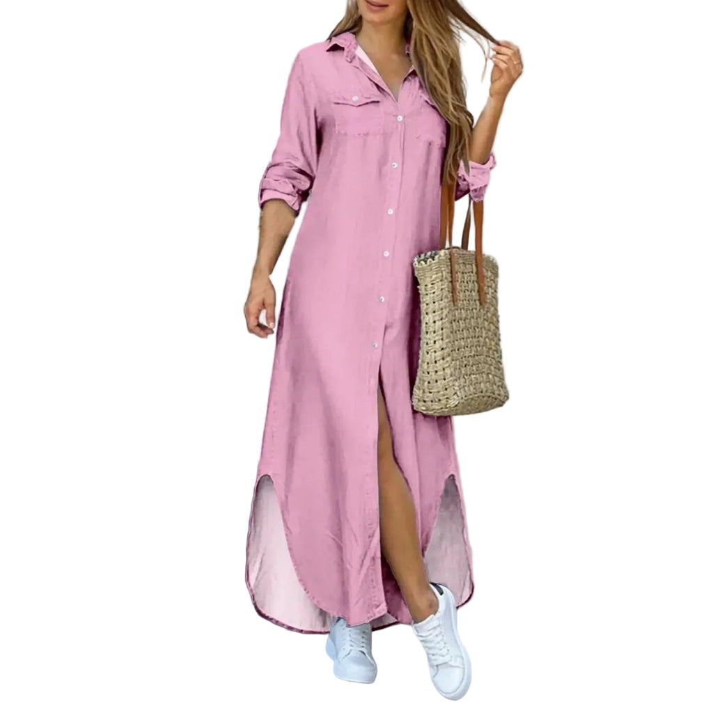 Button Front Shirt Maxi Dress with Relaxed Side Slit Styling