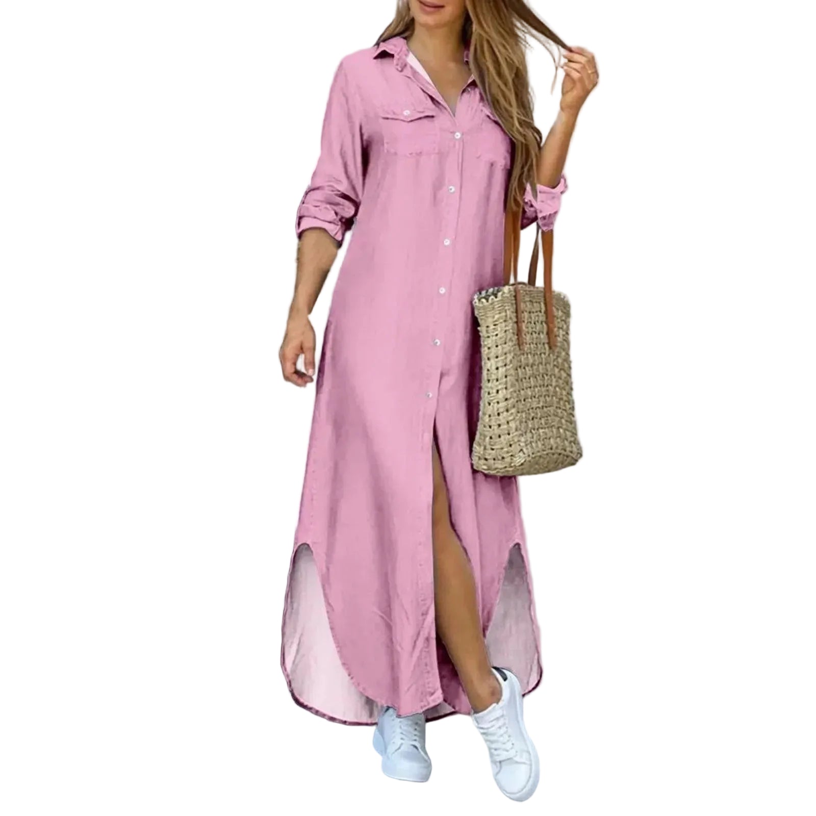 Button Front Shirt Maxi Dress with Relaxed Side Slit Styling