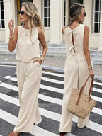 Sleeveless Linen Blend Top and Wide Leg Pants Summer Co-Ord Set