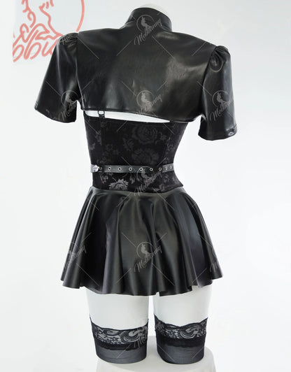 Women's Velvet Dress Set with Cropped Jacket, Belt and Coordinated Fashion Accessories