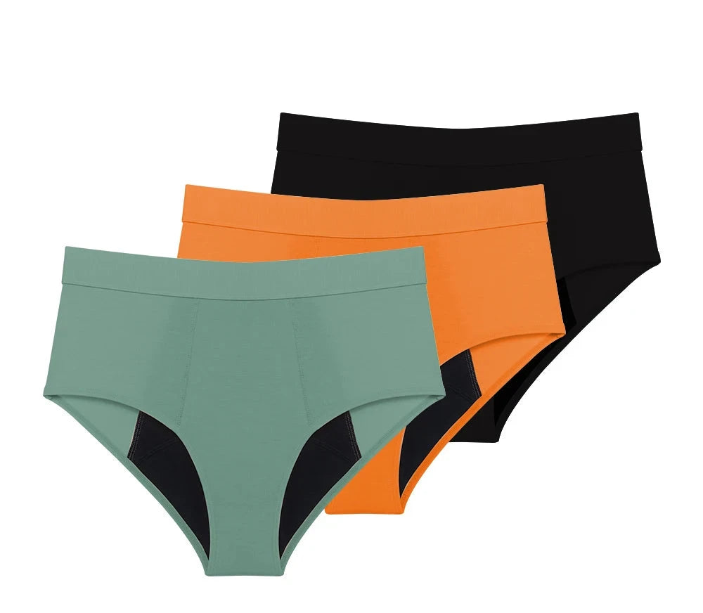 Three-Piece High-Waisted Absorbent Brief Set in Solid Tones