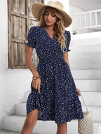 Breezy Blue Ditsy Floral V-Neck Mini Dress with Puff Sleeves
