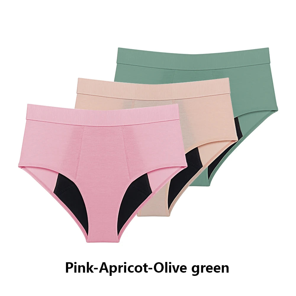 Three-Piece High-Waisted Absorbent Brief Set in Solid Tones