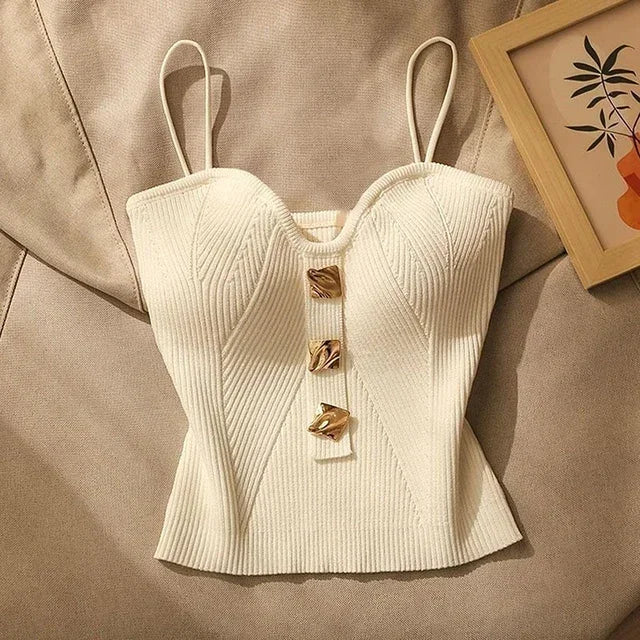 Ribbed Button Front Crop Top with Spaghetti Straps Contemporary Streetwear Style