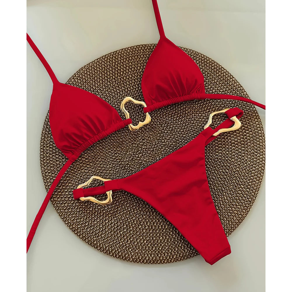 Espresso Brown String Bikini with Wavy Metallic Hardware Accents