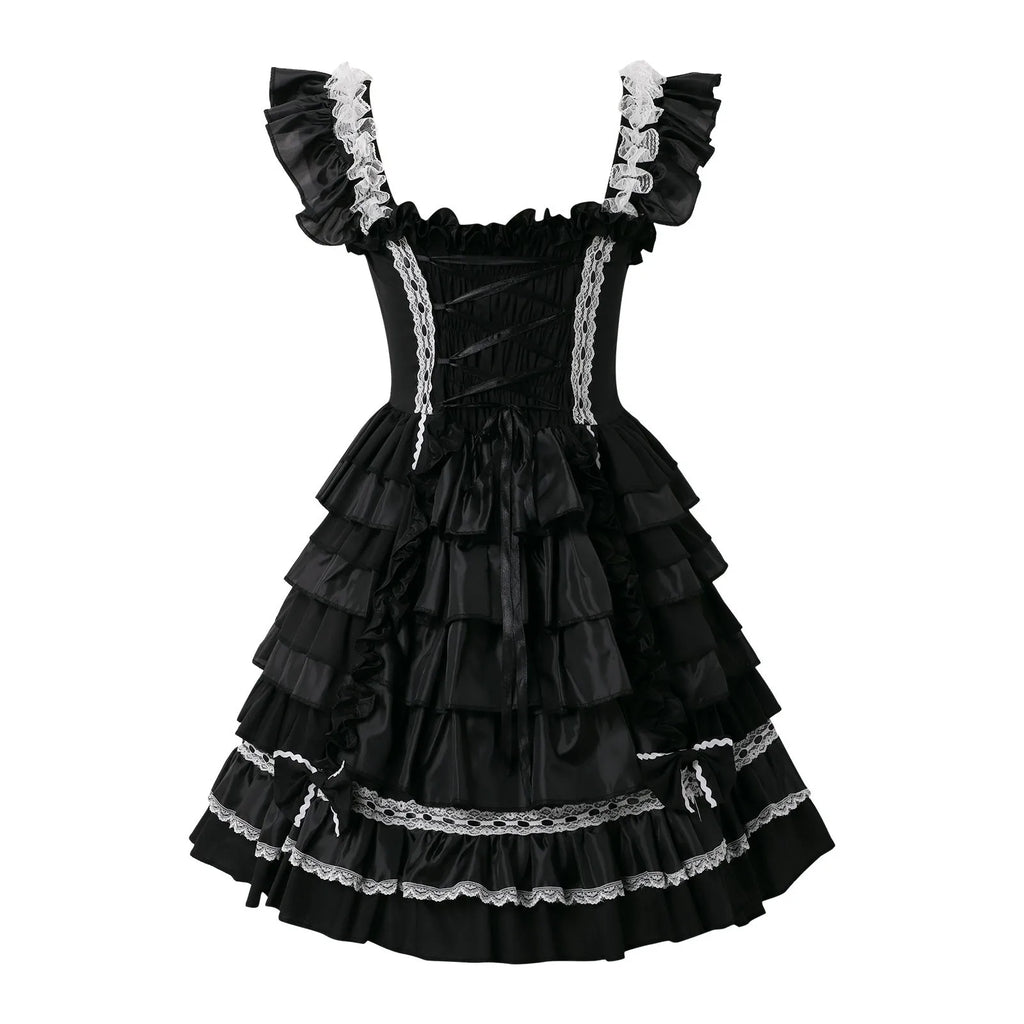 Playful Pink and Black Ruffled Sweetheart Dress with Decorative Bows and Lace Trim