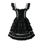 Playful Pink and Black Ruffled Sweetheart Dress with Decorative Bows and Lace Trim