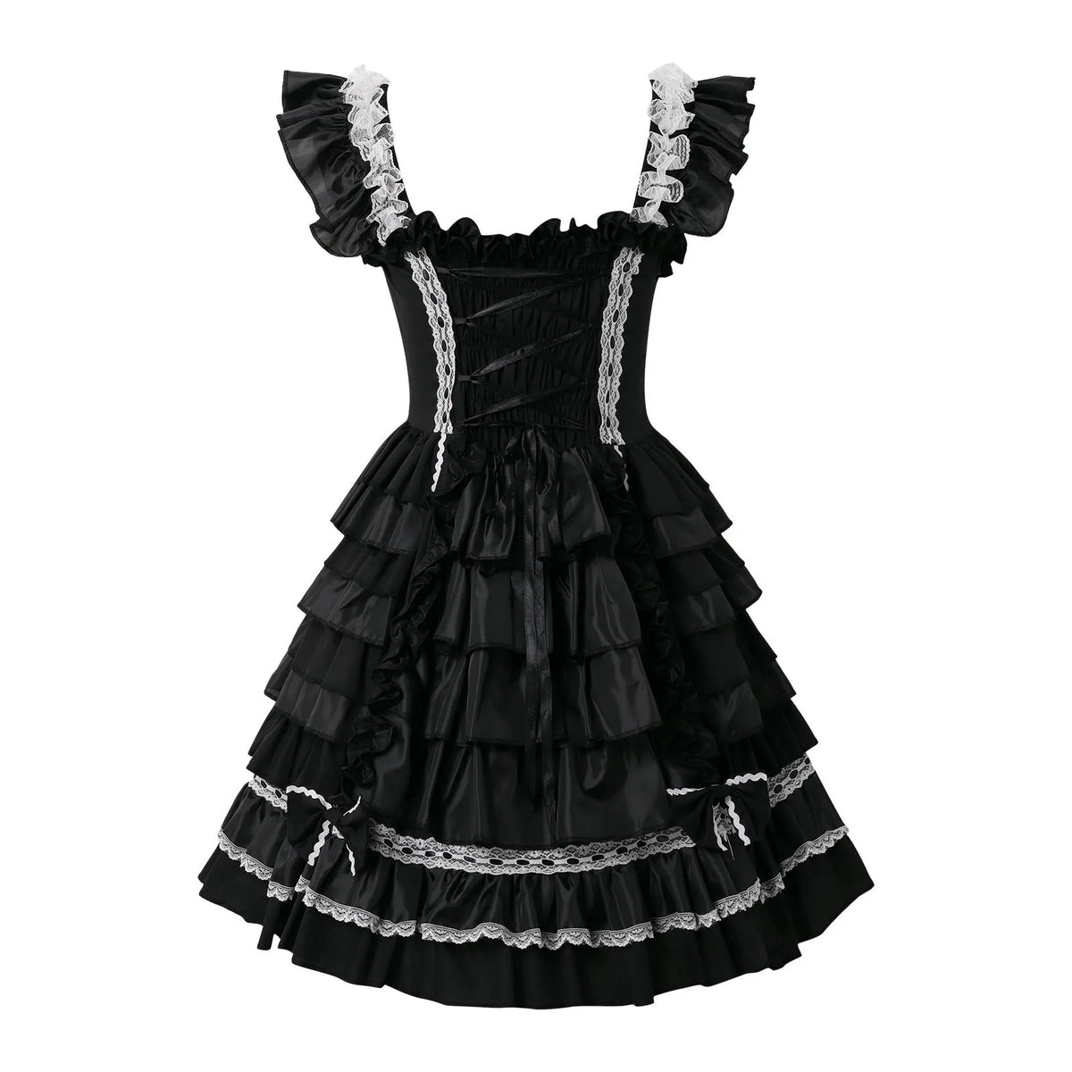 Playful Pink and Black Ruffled Sweetheart Dress with Decorative Bows and Lace Trim
