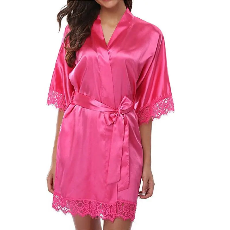Vibrant Red Satin-Finish Lounging Robe with Delicate Scalloped Lace Trim