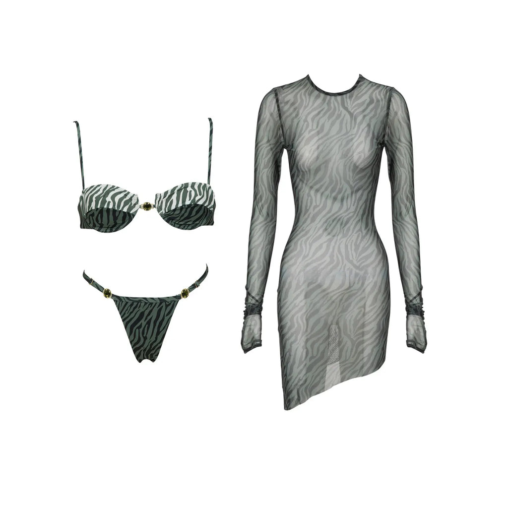 Three-Piece Zebra Print Swimwear Set with Matching Sheer Mesh Pants