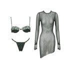 Three-Piece Zebra Print Swimwear Set with Matching Sheer Mesh Pants