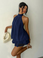 Ruched Halter Neck Tiered Mini Dress With Flowy A-Line Party Silhouette