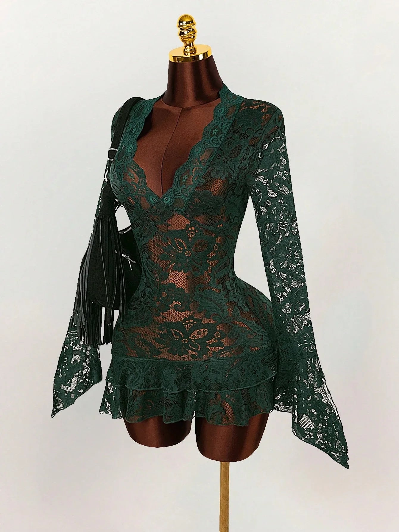 Sheer Lace Mini Dress with V-Neckline and Flared Sleeve Party Style