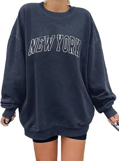 Women's Oversized Embroidered Crew Neck Sweatshirt with Drop Shoulders for Modern Streetwear Fashion