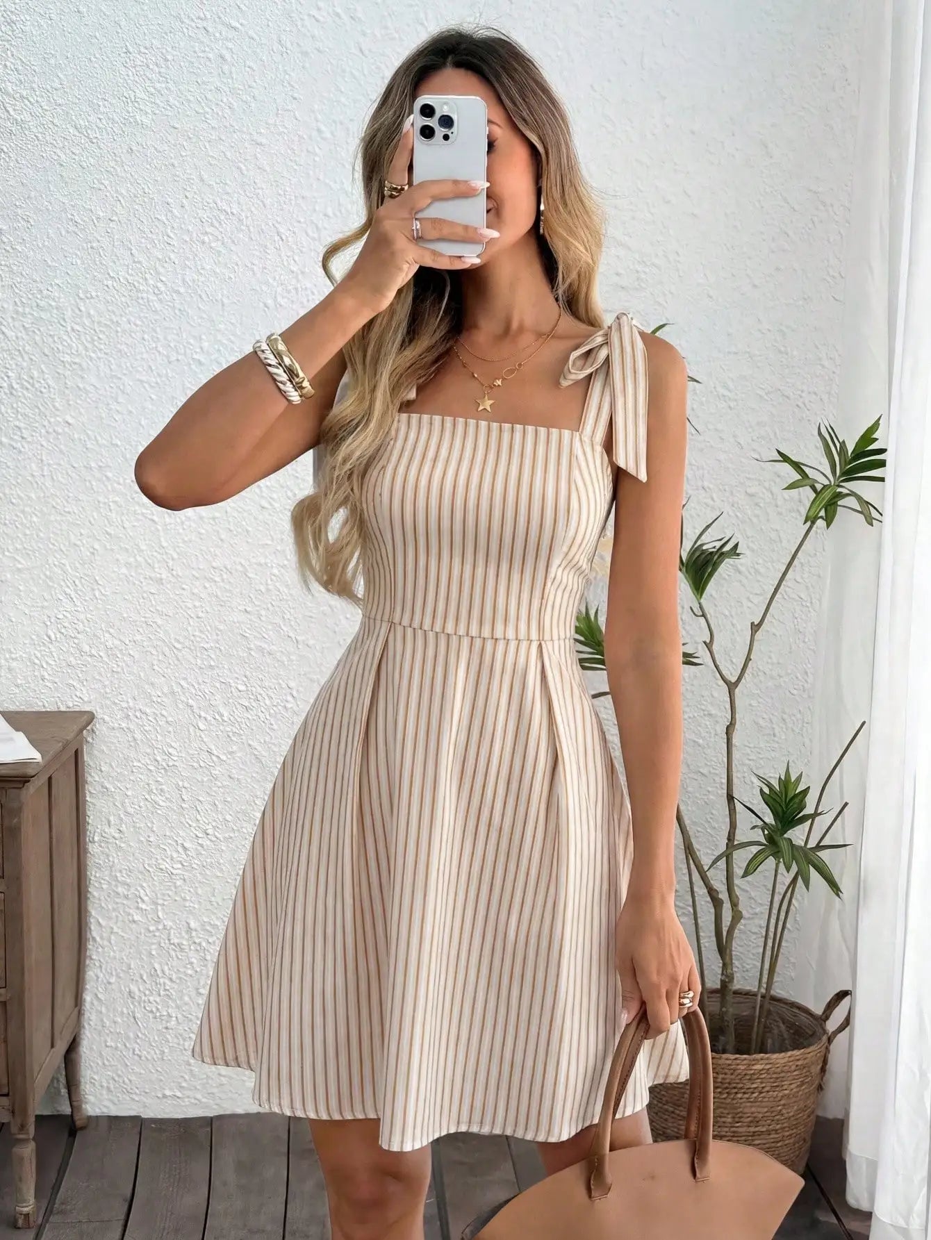 Tie Shoulder Striped A-Line Mini Dress with Square Neck Design