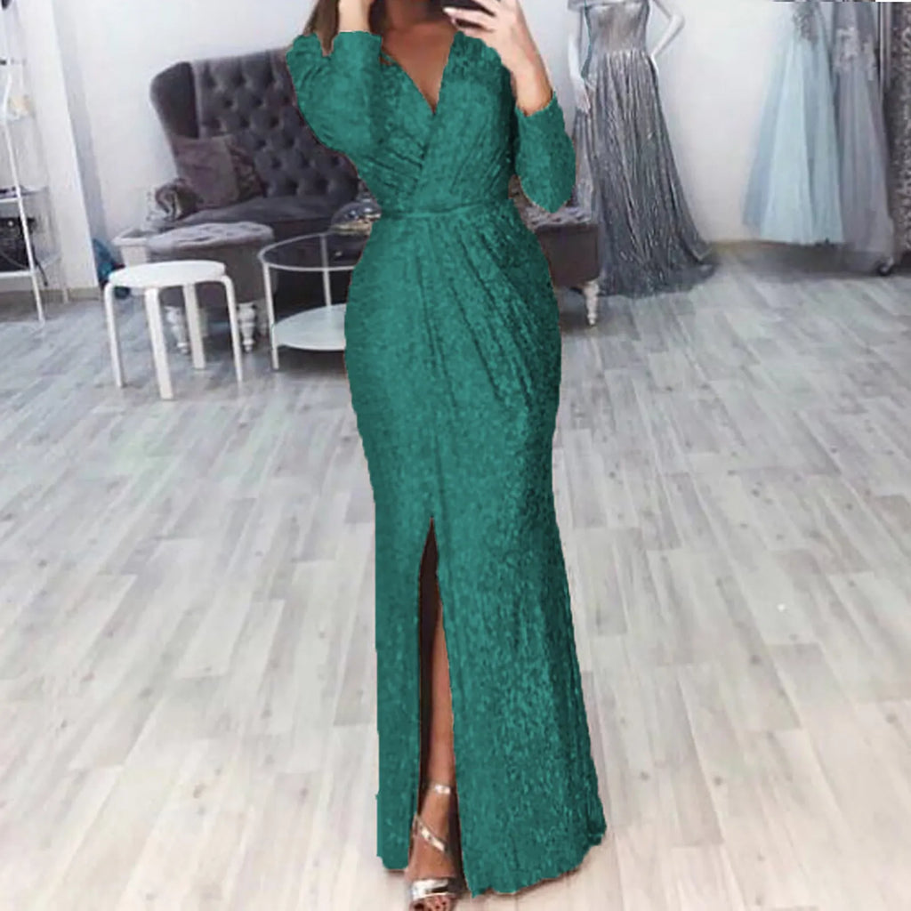 Textured Long Sleeve Maxi Dress With Sculpted Fit And Slit