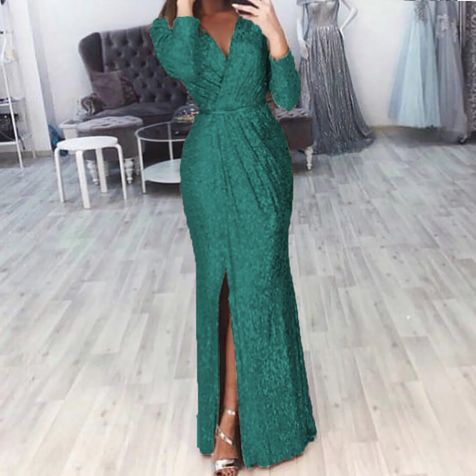 Textured Long Sleeve Maxi Dress With Sculpted Fit And Slit