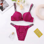 Sleek Minimalist Contour Underwire Bra and Thong Set with Crystal-Embellished Straps
