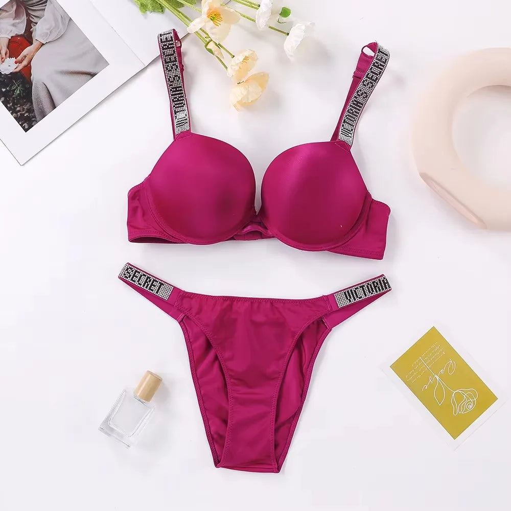 Sleek Minimalist Contour Underwire Bra and Thong Set with Crystal-Embellished Straps