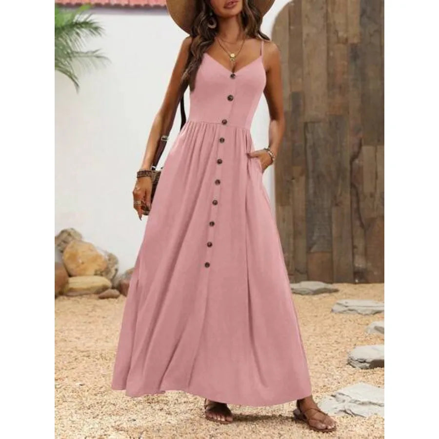 Button Front Maxi Dress With Relaxed A Line Silhouette