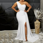 Vibrant Yellow One-Shoulder Evening Gown with Ruched Bodice and High Slit