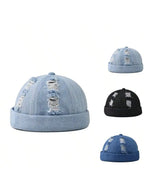 Vintage Washed Denim Skull Cap Distressed Casual Streetwear Fisherman Style Hat