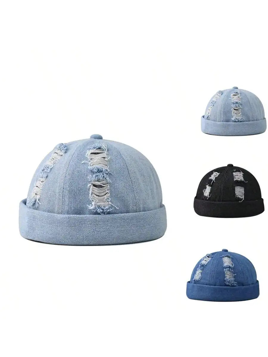 Vintage Washed Denim Skull Cap Distressed Casual Streetwear Fisherman Style Hat