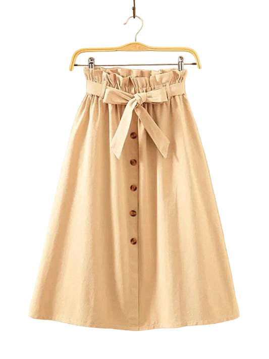 High Waist Pleated Midi Skirt with Button Front Elegant Contemporary Everyday Fashion