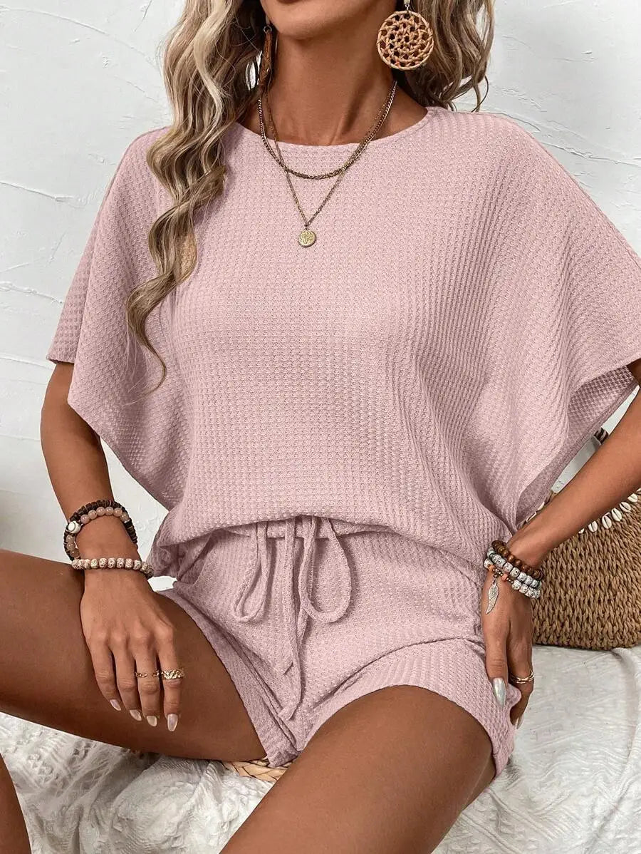 Women's Batwing Sleeve Top and Drawstring Shorts Co-Ord Set Relaxed Casual Outfit