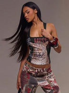 Vintage Graphic Print Fitted Crop Tank Top with Slim Streetwear Summer Style