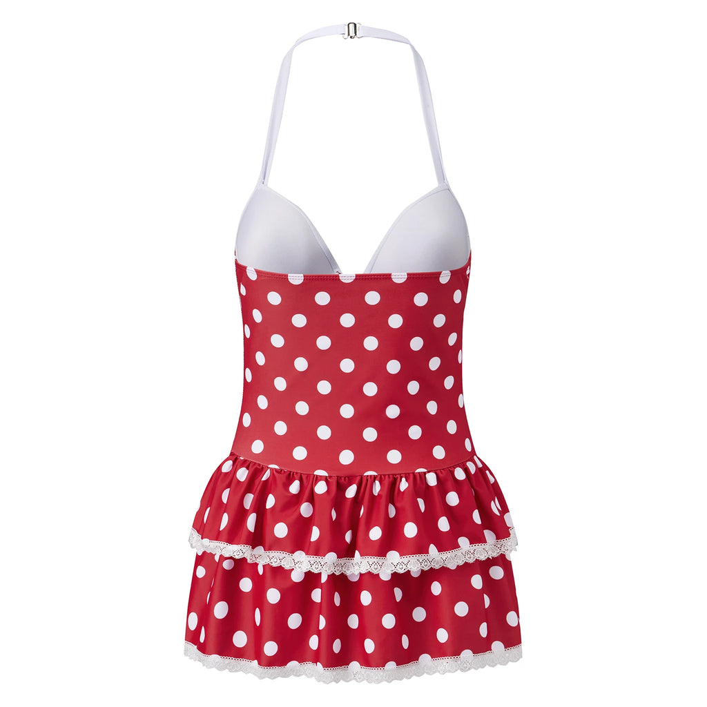 Red and White Polka Dot Swimwear Piece with Scalloped Lace Trim