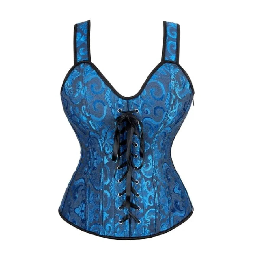 Vintage Floral Tapestry Overbust Corset with Wide Straps and Structured Seaming