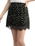Polka Dot Lace Trim Mini Skirt with Elastic Waist A-Line Silhouette