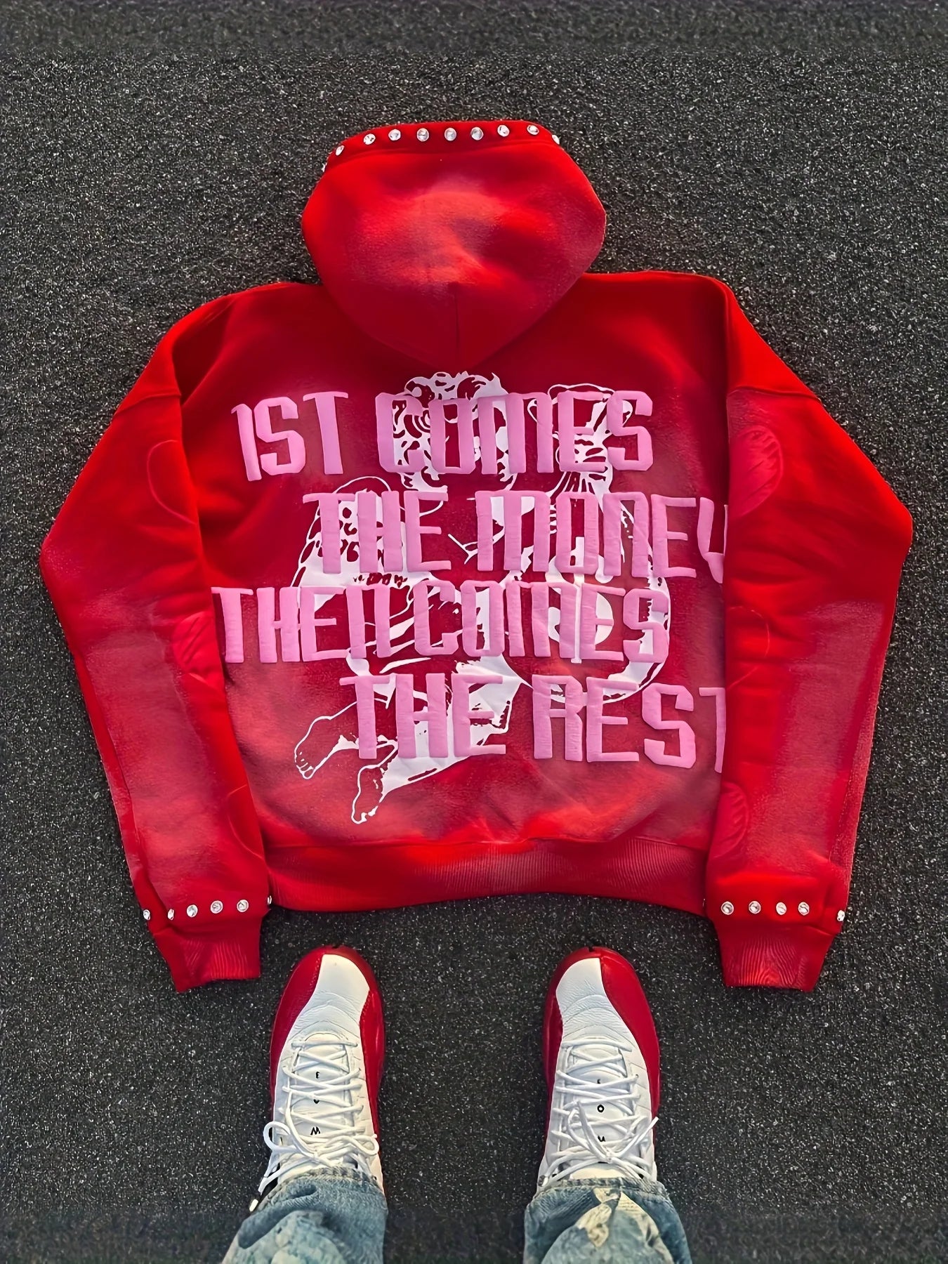 Women's Washed Graphic Oversized Hoodie with Decorative Stud Accents Streetwear Pullover Sweatshirt