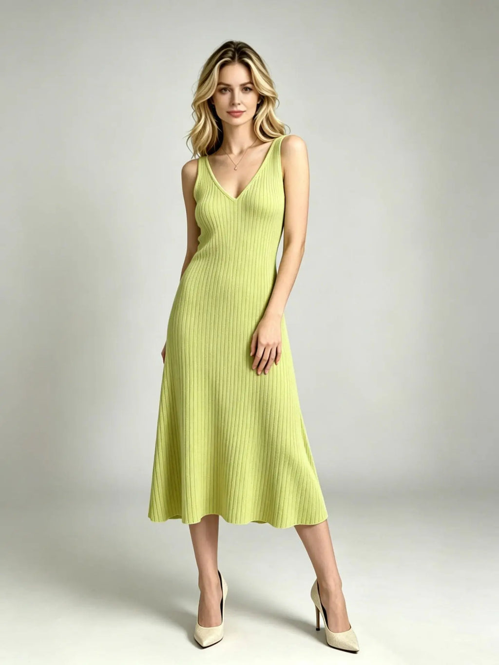 Sleeveless V-Neck A-Line Midi Dress in Vibrant Chartreuse