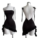 Strapless Backless Bodycon Mini Dress with Lace-Up Detail and Ruffle Hem