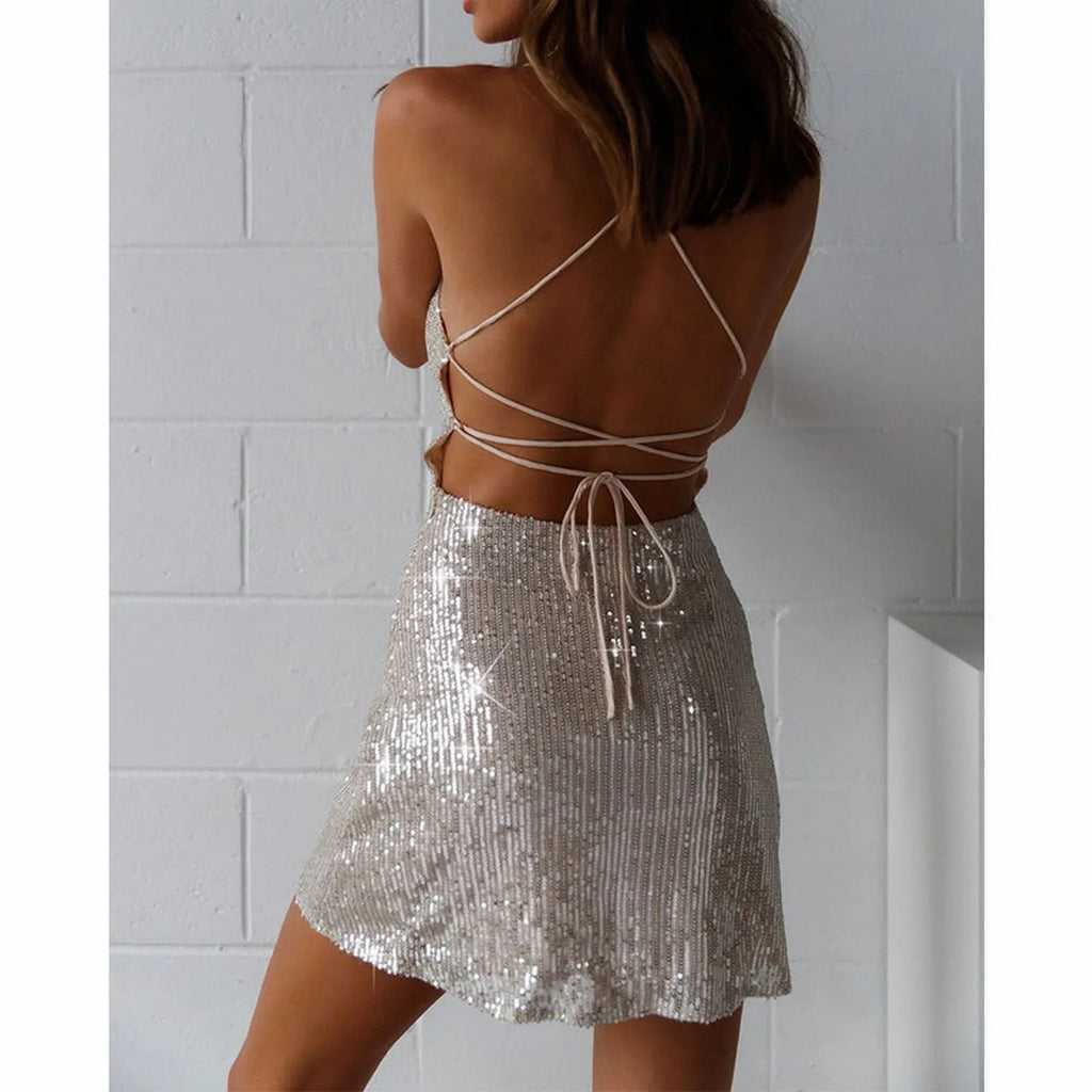 Sequin Bodycon Mini Dress with Spaghetti Straps and Glamorous Shine