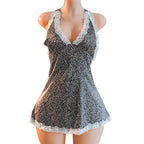 Plunging Halter-Neck Animal Print Mini Dress with White Scalloped Lace