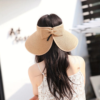 Foldable Wide Brim Straw Visor Hat with Open Top Design for Beach and Summer Travel