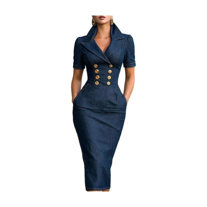 Tailored Double-Breasted Short Sleeve Pencil Midi Dress with Lapel Collar