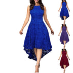 Royal Blue Floral Lace Overlay Dress with Sleeveless Cut and Asymmetrical High-Low Hem