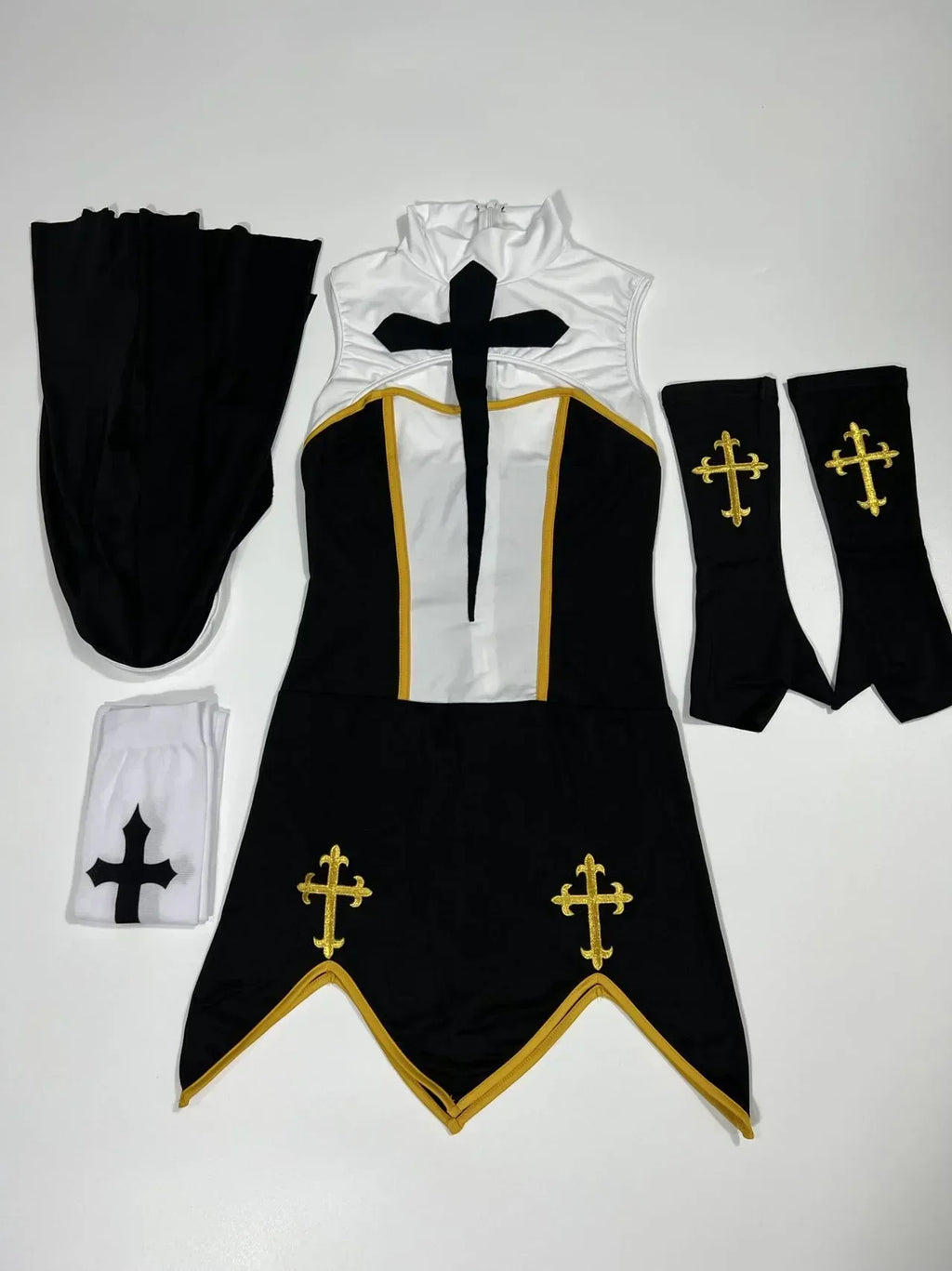 Theatrical Habit-Inspired Mini Dress with Striking Cross Embellishments and Coordinated Headpiece