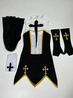 Theatrical Habit-Inspired Mini Dress with Striking Cross Embellishments and Coordinated Headpiece